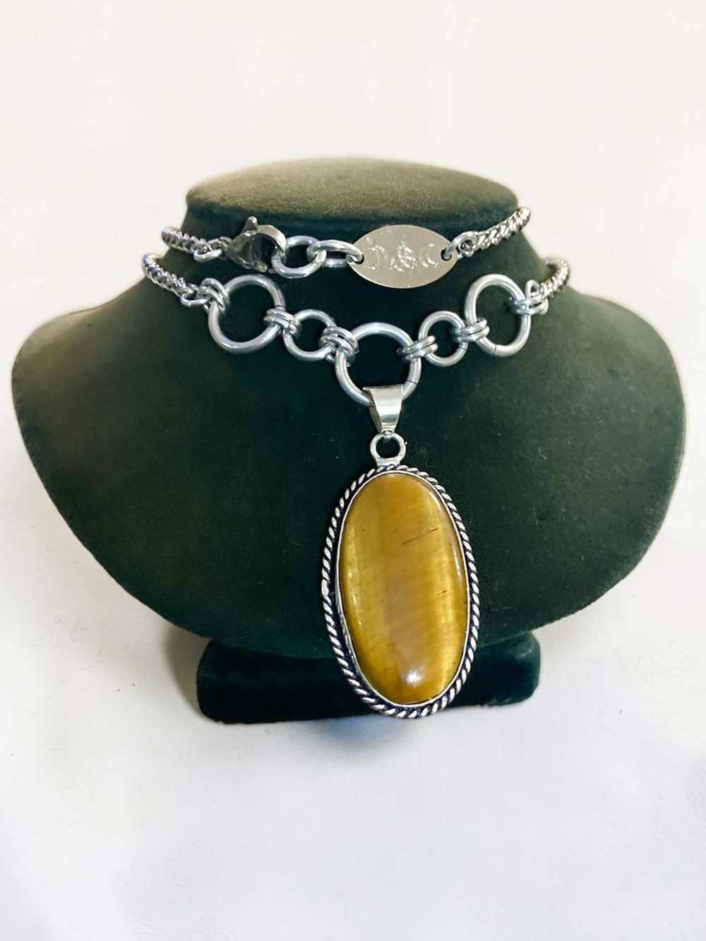 Genuine golden tiger eye gemstone boho oval medallion charm silver necklace